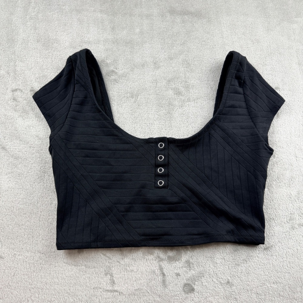 Aerie Black Ribbed Henley Crop Top Women's Medium Short Sleeve Scoop Neck
